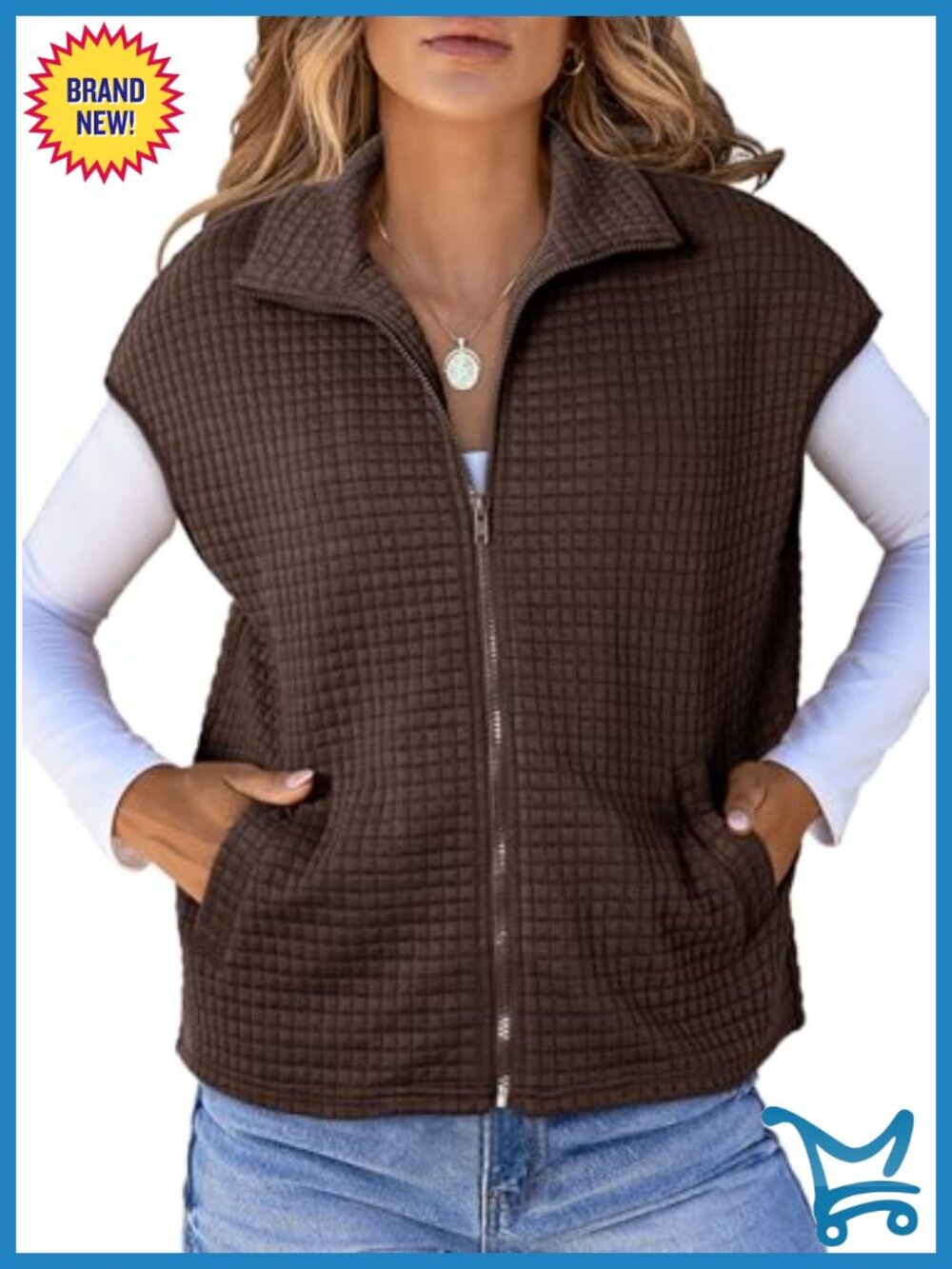 Womens Zipper Up Cap Sleeve Side Pockets Waffle Knit Sleeveless Oversized Vest